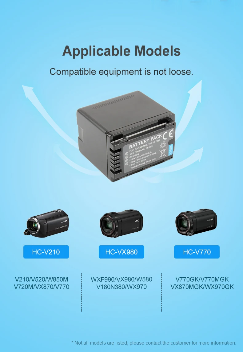 3.6V 3900mAh VW-VBT380 Battery Pack Rechargeable VWVBT380 Lithium ion Batteries for HC-V110 HC-V130 HC-V160 HC-V180 Cameras supplier