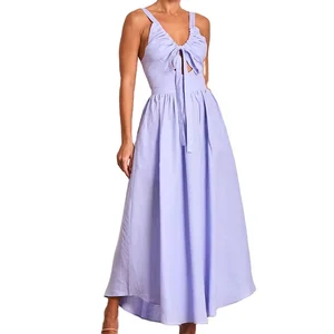 Custom High Quality Summer Causal   V Neck Tied up a Line Sexy Hollow Out with Pocket Dress Women