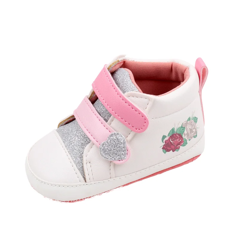 Glitter Heart Baby Girls Rose Print Pattern Different Colors Double Hook and Loop High Top Casual Shoes