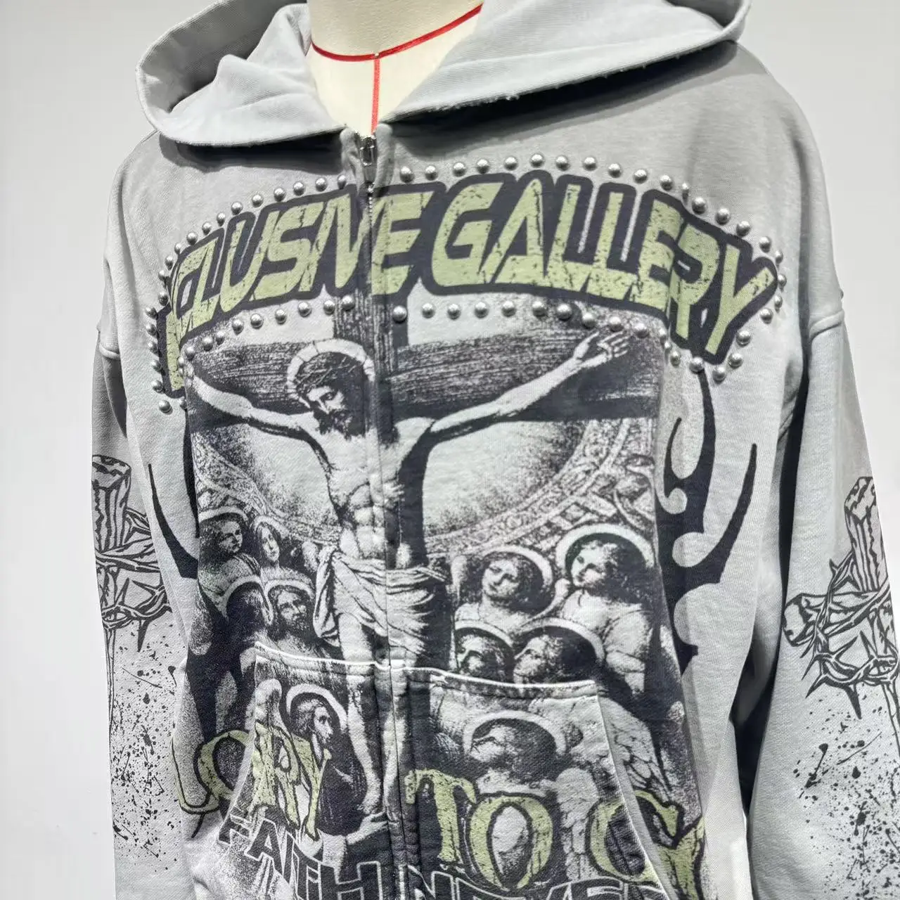 Wholesale Custom High Quality Rhinestone Hoodie Print Zip up Hooded Heavyweight Sun Faded Wash Sweatshirt Hoodies for Men gallery 5