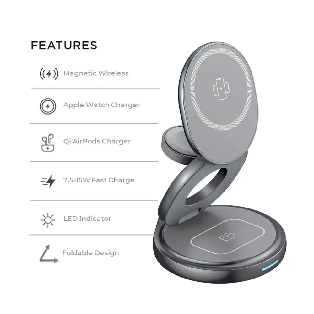 Laudtec Wxc001 Station de Charge Rotative 3 En 1 Chargeurs de Téléphone Stations Portables Magnétiques Sans Fil Usb Pour Appareils Apple Intelligents  