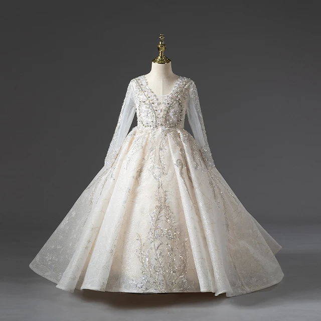 Handmade Children's O-Neck Puff Sleeve Party Dress With Embroidery Pearls Sequins Tulle Ruffles for Daily Use Special Occasions