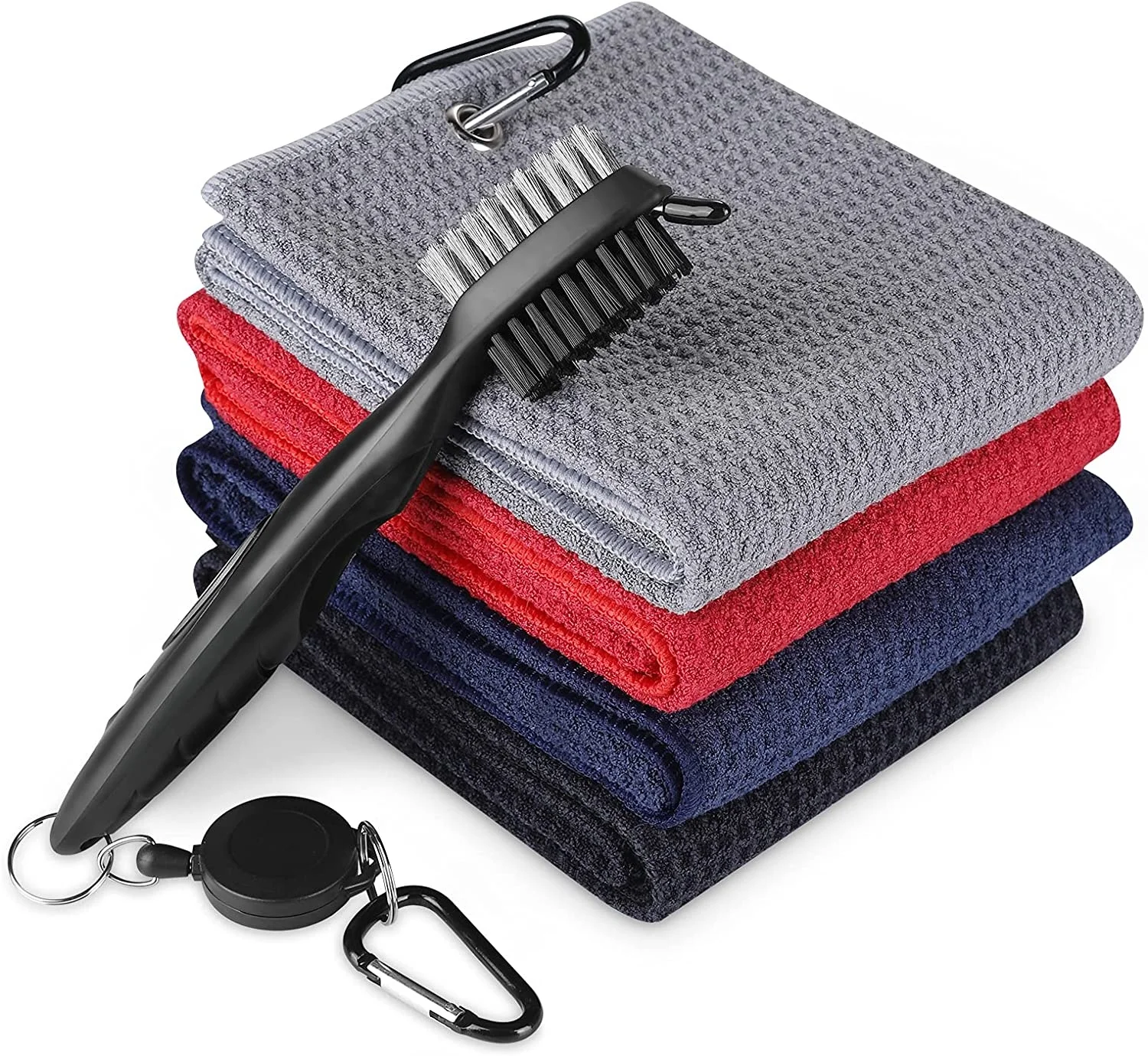 Topp salg golftilbehørsett, mikrofiber waffle golfhåndklæde med rensemiddelbørste og divotverktøy, nytt mønster strikket teknikk