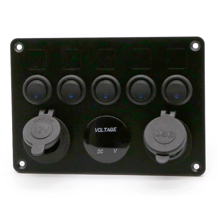 5 Gang LED Rocker Switch Panel Voltmeter Blue Socket Rocker Switch Car Boat Marine USB Switch with Inline Fuse Box
