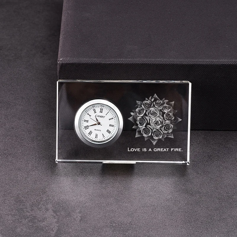 Crystal Table Clock Office Souvenirs Ornaments Wedding Favor Glass Clocks with Custom Laser Engraved Logo factory