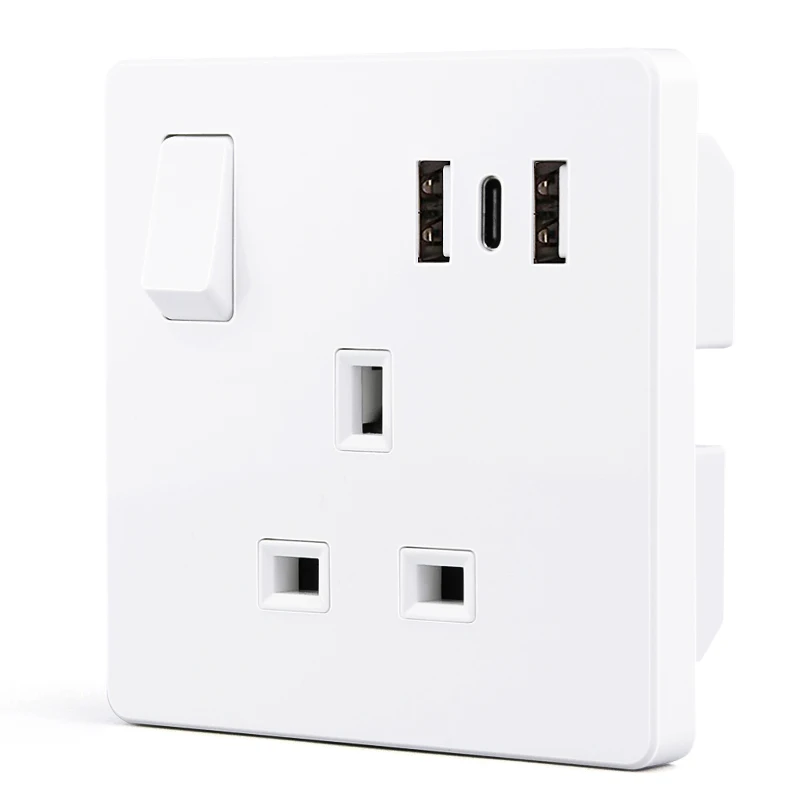 Twin USB One Type C Wall Power UK Socket Plug Grounded British Standard Electrical Single Outlet Switch BS Wall Socket Usb Ports