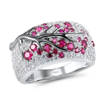 Silver Ring for Women Genuine Pink Cherry Tree Cubic Zirconia Ladies Delicate Fashion Jewelry