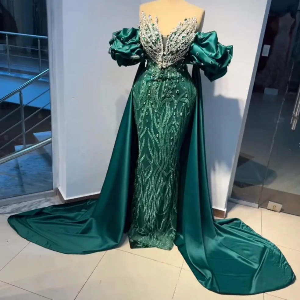 Customized Robe Beaded Dark Green Evening Dress with Long Cape