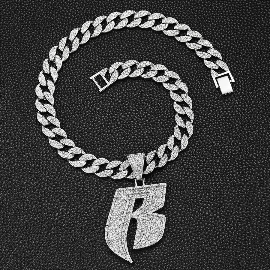 15MM Iced Out Miami Chain With Alloy and Bling Rhinestone Punk B Letter Pendant Necklace