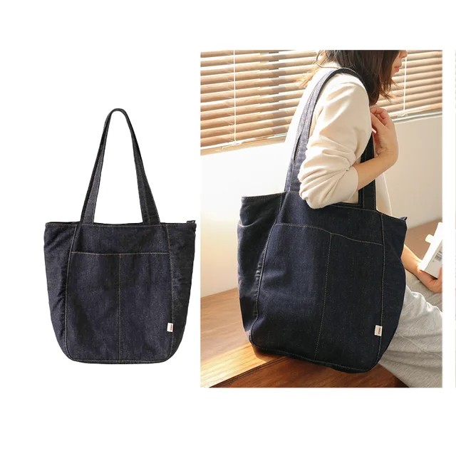 Custom Logo Denim Handbag Tote For College Girls Japanese Design Large Capacity Canvas Shoulder Tote Bag For Women Commuting