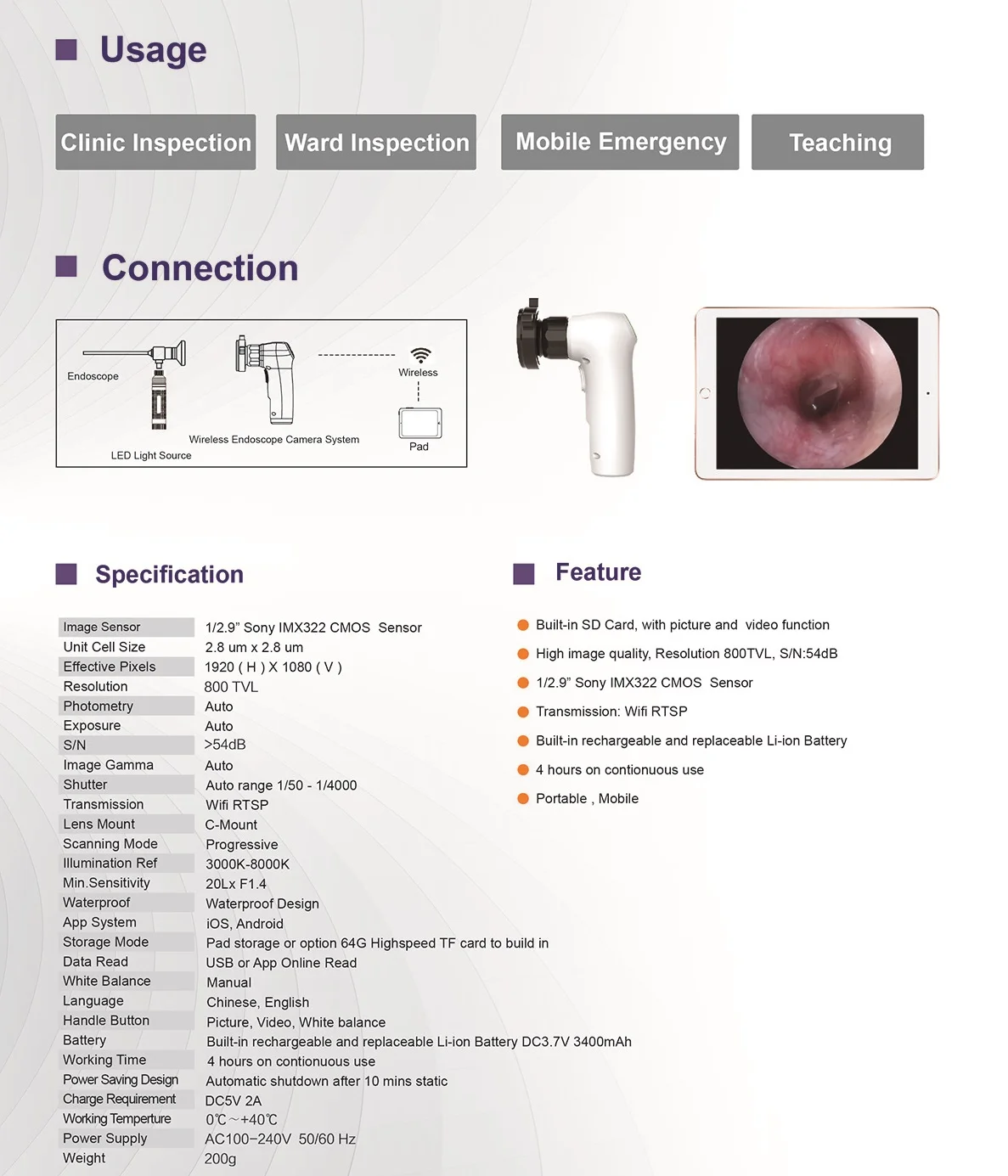 Wireless HD Endoscope Camera System for ENT Departments ENT Endoscope