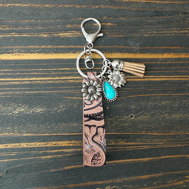 Retro Embossed Turquoise Ox Head Cactus Flower Tassel Western Cowboy Keychains Pu Leather Wristband Keychains for Men Pendant