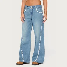 Low Rise Lace Women's Jeans Double Button Wide Waistband Female Denim Trousers Blue Washed Wide Leg Denim Jeans