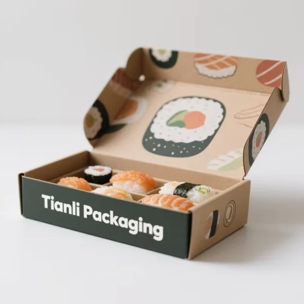 Beliebte individuelle Sushi-Verpackung mit Logo, neuestes Design, zum Mitnehmen, Essensbox mit Papierzwischenwand und fettfreiem Seidenpapier