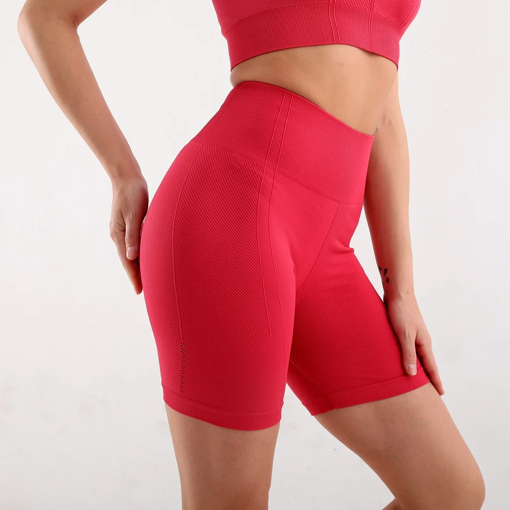 Women Fitness Biker Shorts Ribbed Seamless High Waist Yoga Shorts