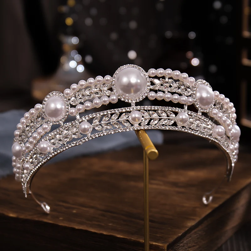 Gold Crystal Pearl Bridal Tiara Crown Rhinestone Pageant Diadem Headband Wedding Gold Wedding Tiara Crown 24K Gold Plated Crystal... From  main image 3
