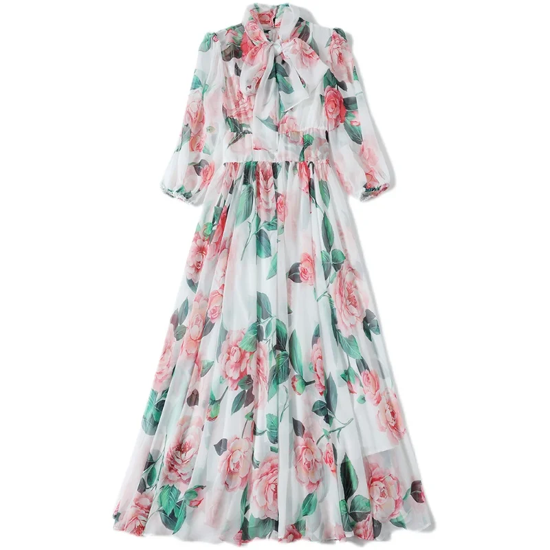 Gaun Panjang Motif Bunga Mawar Lengan 3/4 Musim Panas