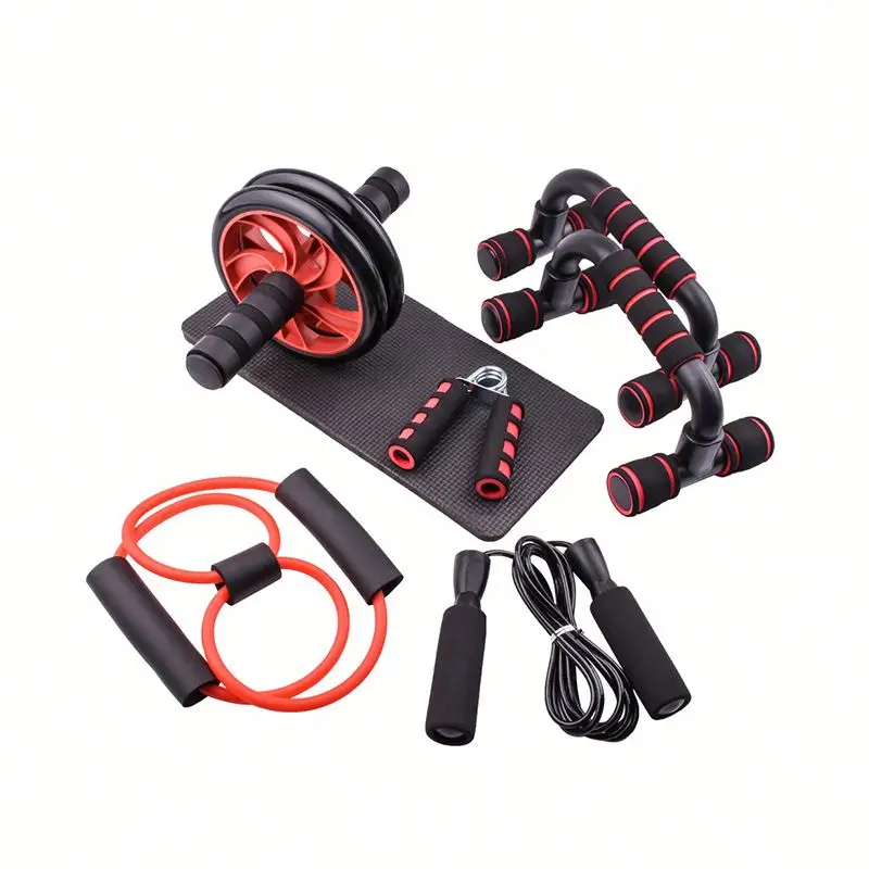 Abdominal Roller Wheel Kit with Push Bars Hand Gripper Jump Rope Knee Pad for Fitness Exercise Muscle Exercise Equipment