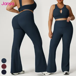 Janya Fashion Plus Size Y-line Straps Cut-out Sport Bra and Leggings Set Breathable Elastic Waist Four-Way Stretch 2 Piece Set