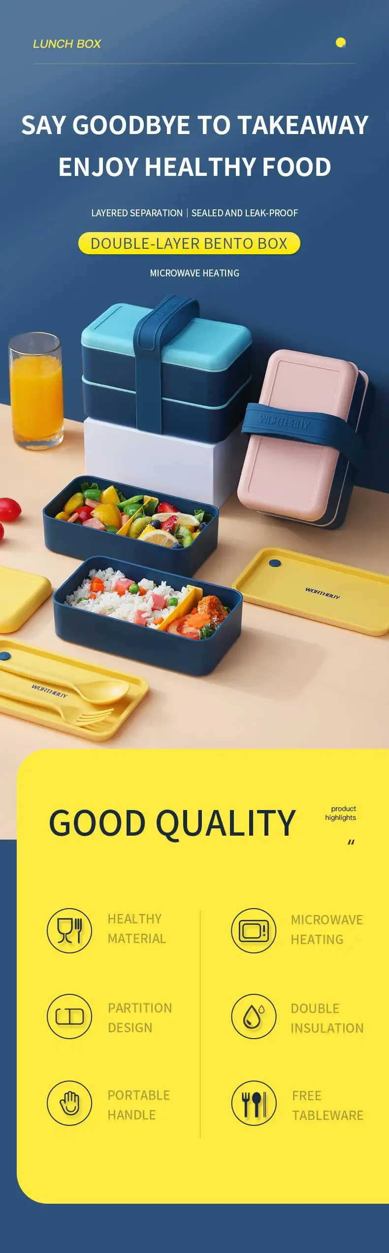 Worthbuy Microwave Bento Box Japanese Plastic Storage Container