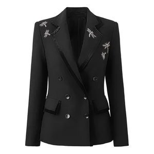 Elegant Nail Diamond Ladies Blazer Jacket Women's Suits Double-breasted V-neck Anti-Wrinkle Full Sleeve Sashes Solid Worsted
