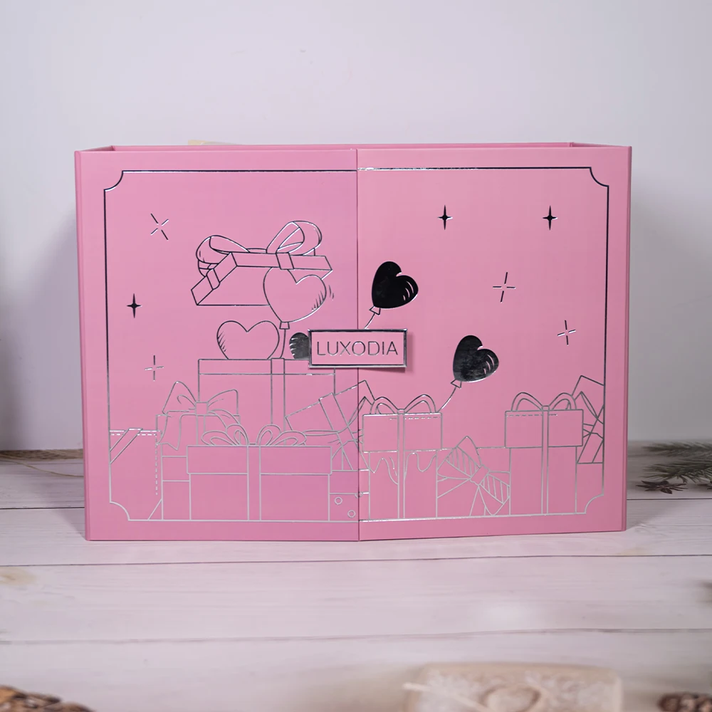 High-end Silver Stamping Customized logo Double Door Valentine's Day Magnetic Closure Pink Calendar Blind Gift Box