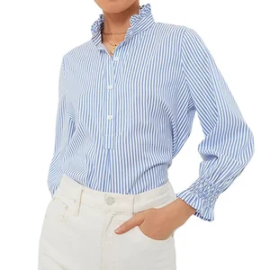 Custom High Quality  Blue and White Striped Popover Top Ruffle Collar Three-Quarter Length Sleeves Women's Blouses Shirts