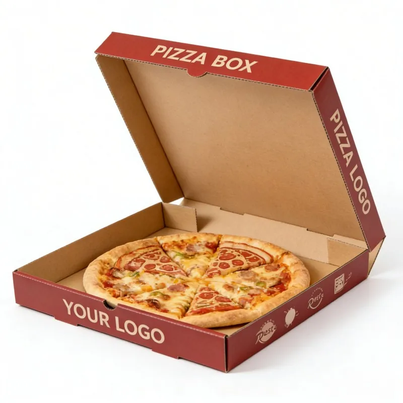 Újrahasznosított anyagból készült egyszer használatos pizzás doboz, biokompatibilis kraft/fehér karton élelmiszer-doboz, élelmiszerminőségű hullámpapír pizzaszállító doboz