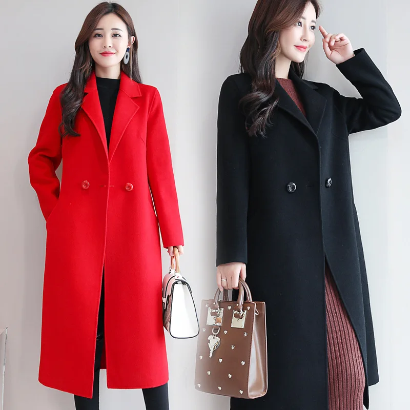 Wholesale Women Autumn Winter Woolen Long Coat Lapel Solid Color Korean ...