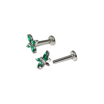 4 Marquise CZ Prong Set Threadless Top 316L Surgical Steel Internally Threaded Labret, Flat Back Studs