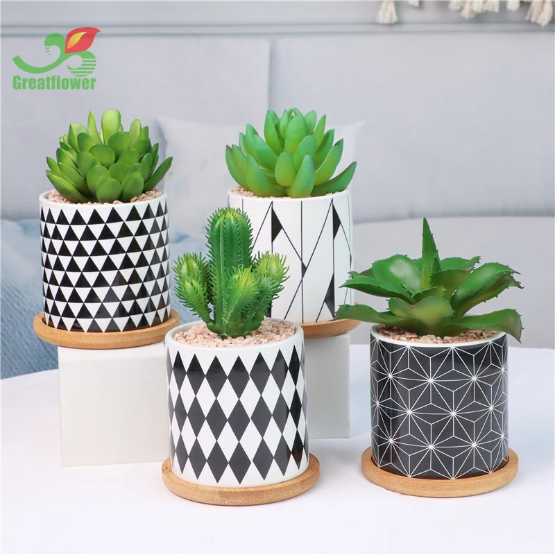 Set of 4 Artificial Cactus Lotus Plants Ceramic Pot With Bamboo Tray Real Touch Succulents Shelf Decor
