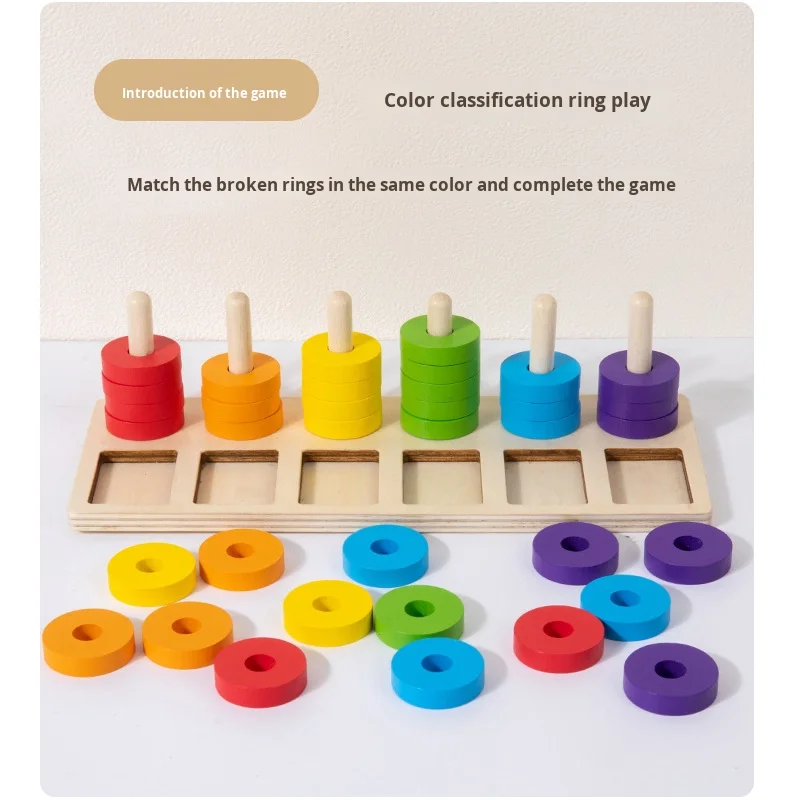Rainbow Montessori Educational Early Childhood Stacking Blocks Toys Kindergarten Color Matching Rings Set Boards Wood CPC/EN71