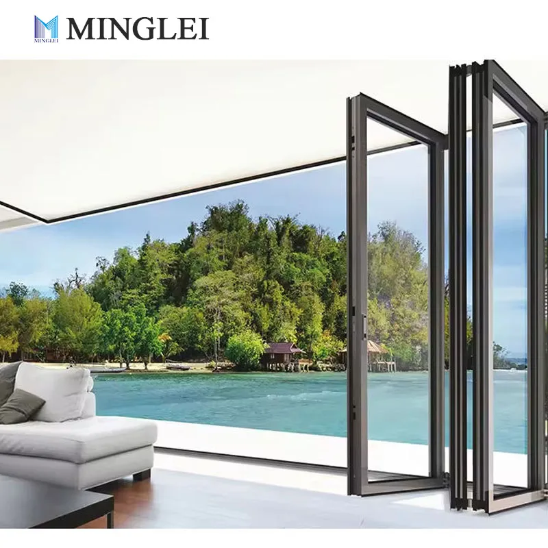 باب طي مزدوج الزجاج الخارجي من MINGLEI للفناء، باب قابل للطي بأجنحة متداخلة من الألومنيوم للمنازل