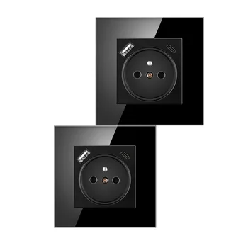 Black tempered glass panel wall socket home EU Standard 86 Type 16A French socket with Type C fast charging