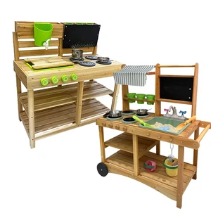 Indoor & Outdoor Wooden Kitchen Pretend Play Cart Set for Kids Boy & Girl Household Toys & Food Play Kitchen Cart