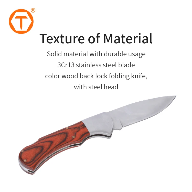 Good Quality Lock Steel Metal Foldable Pocket Knife with Wooden Timber Cover Handle