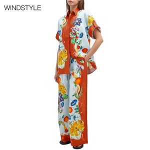 Women's Vintage Floral Printed Two-Piece Outfit Short Sleeve Shirt Top Wide Leg High Waist Casual Pants for Summer Painted