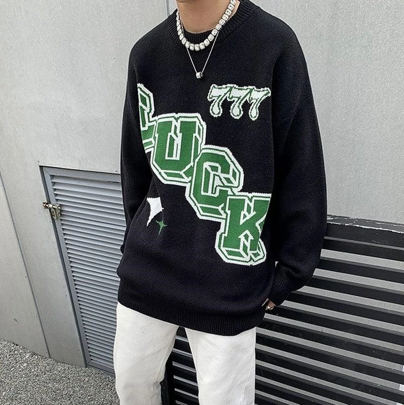 Customized Fashion Trend Long Loose Knit Sweater Lucky Men's Casual ...