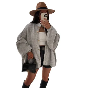 Fall Winter Long Solid Color British Style Retro Button Bat Sleeve Knitted Women Sweater Cardigan Jacket