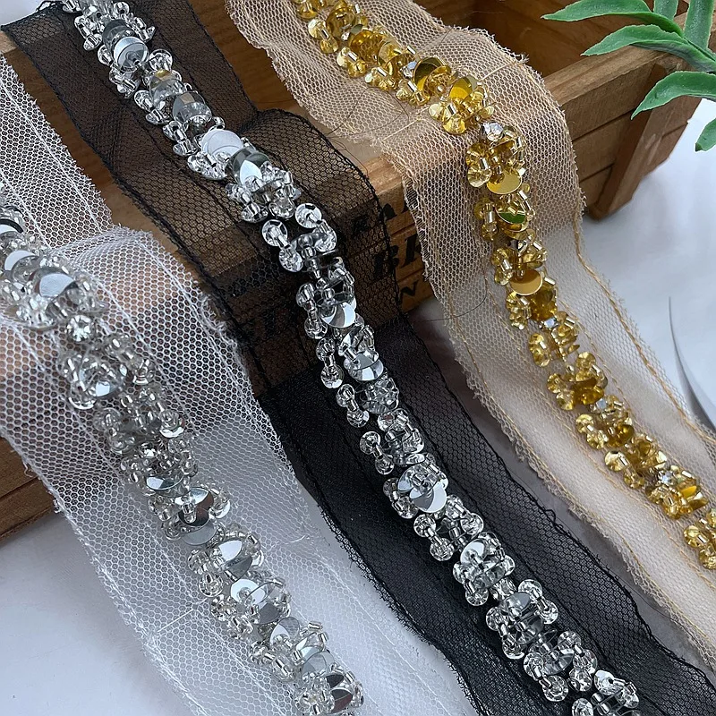 Width 4 cm Handmade Shiny Gold Diamond Lace Ribbon Beads Sequins Tulle Mesh  Lace Trim for Dress Clothing Decoration