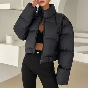 Winter Fall New Fashion Blank Black Casual Quilted Down Coat Women Custom logo Printed Cotton Nylon Zip up Puffer Jacket