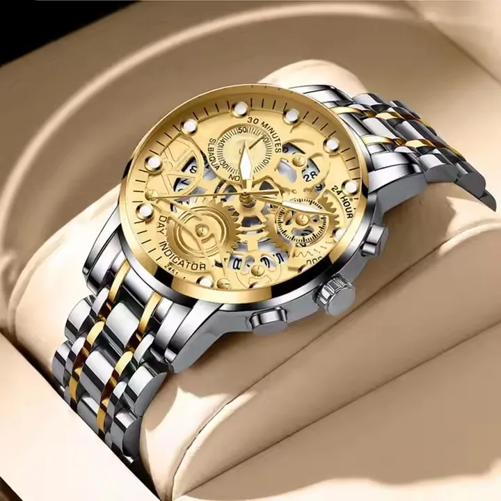 VAVA VOOM Gold Men's Watch Hollow Trend Quartz Stainless Steel Waterproof Luminous Fashion Wrist Watches for Men