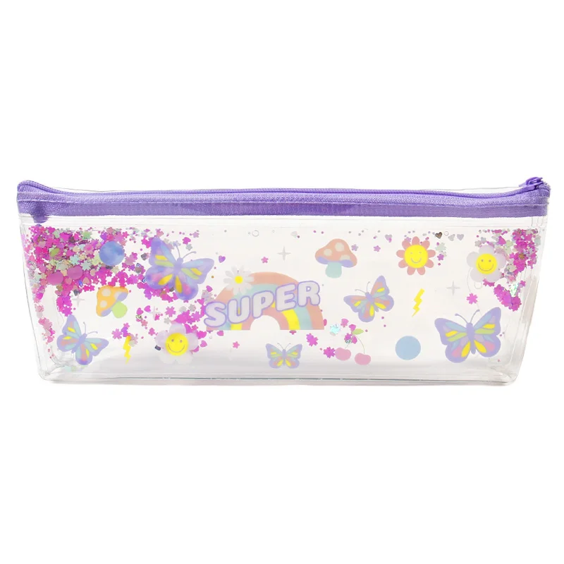 Cute Animal Design Clear PVC Pencil Case With Zipper for Kids and Students, Glitter Filled Transparent Stationery Organizer