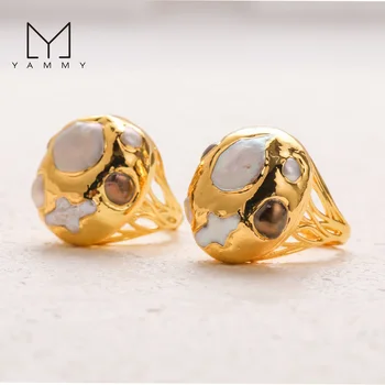 18K Gold Plated Copper Rings Stylish Baroque Freshwater Pearl Bezel Trendy Statement Ring for Parties Comfortable Fit for Unisex