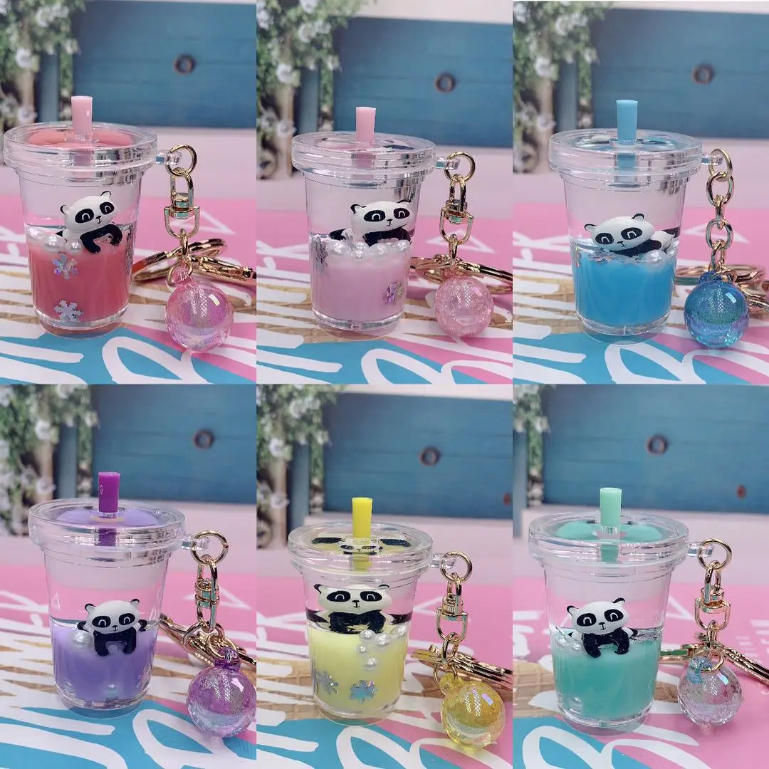 INS Girl Into Panda Floating Quicksand Liquid Milk Tea Cup Keychain Keyring Bag Pendant