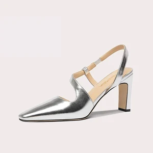 Lily Wei Women's Silver Metallic Slingback Block Heel Pumps Square Toe Cut Out Design for Formal Occasions