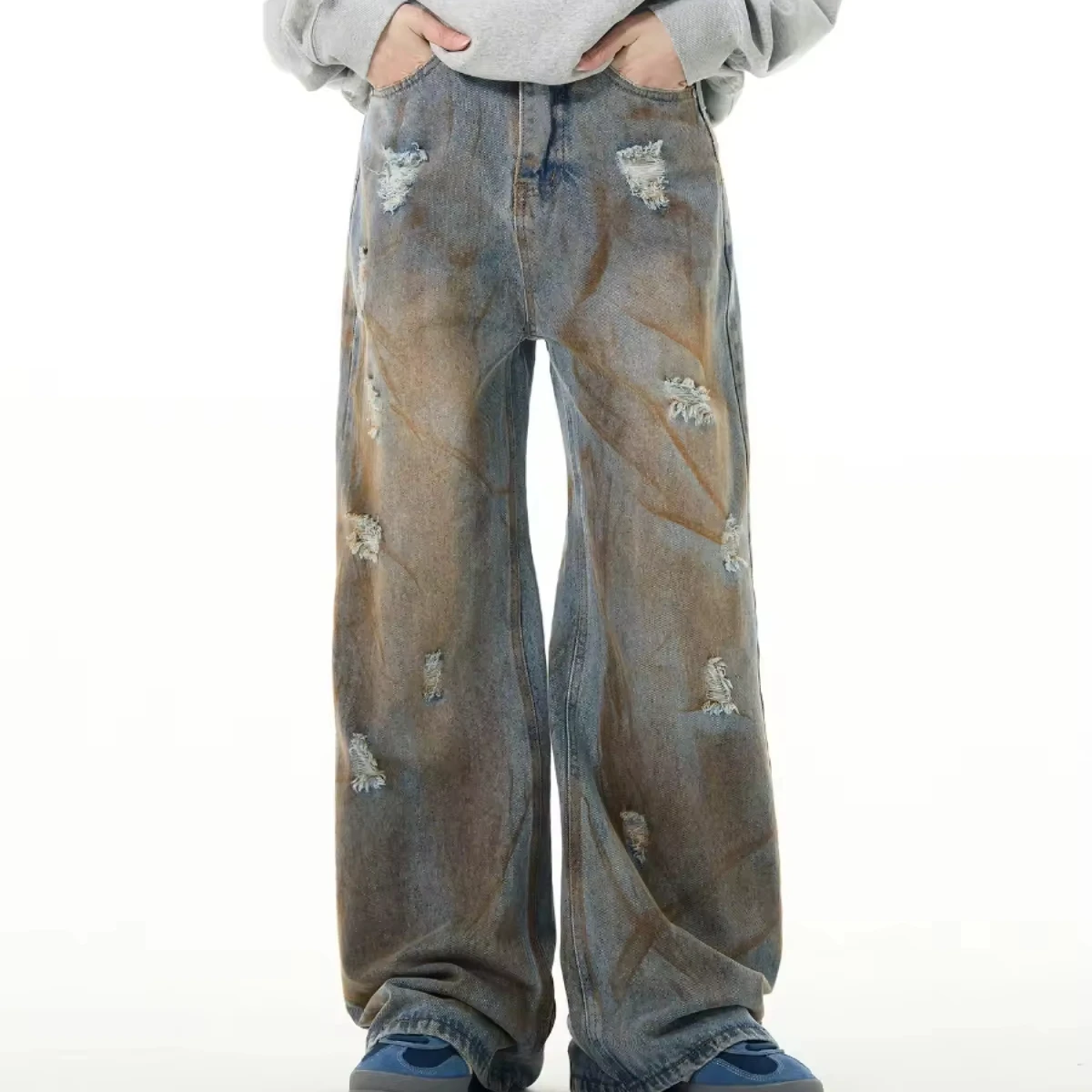 OEM Manufacturer Men Jeans Dirty Wash Denim Pants Fashion Hip Hop Men Wide  Leg Mud Washed Straight Denim Jeans