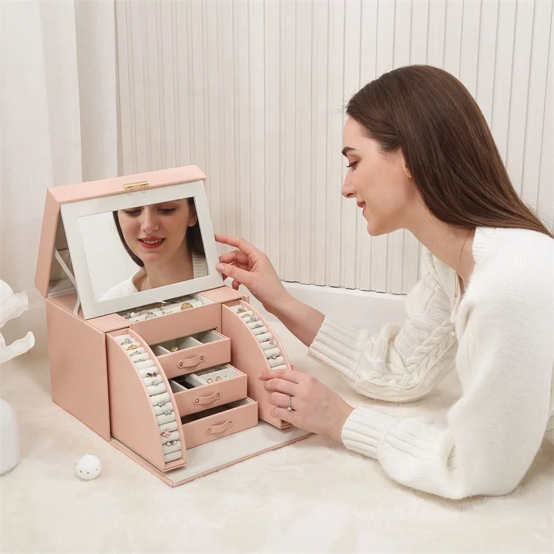 Роскошная кожаная дорожная большая шкатулка для украшений органайзер для сережек колье для хранения браслетов с зеркальным замком