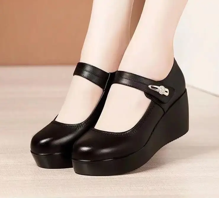 Women's Comfort Black Red Leather Loose Toe Wedges Office Shoes For ...