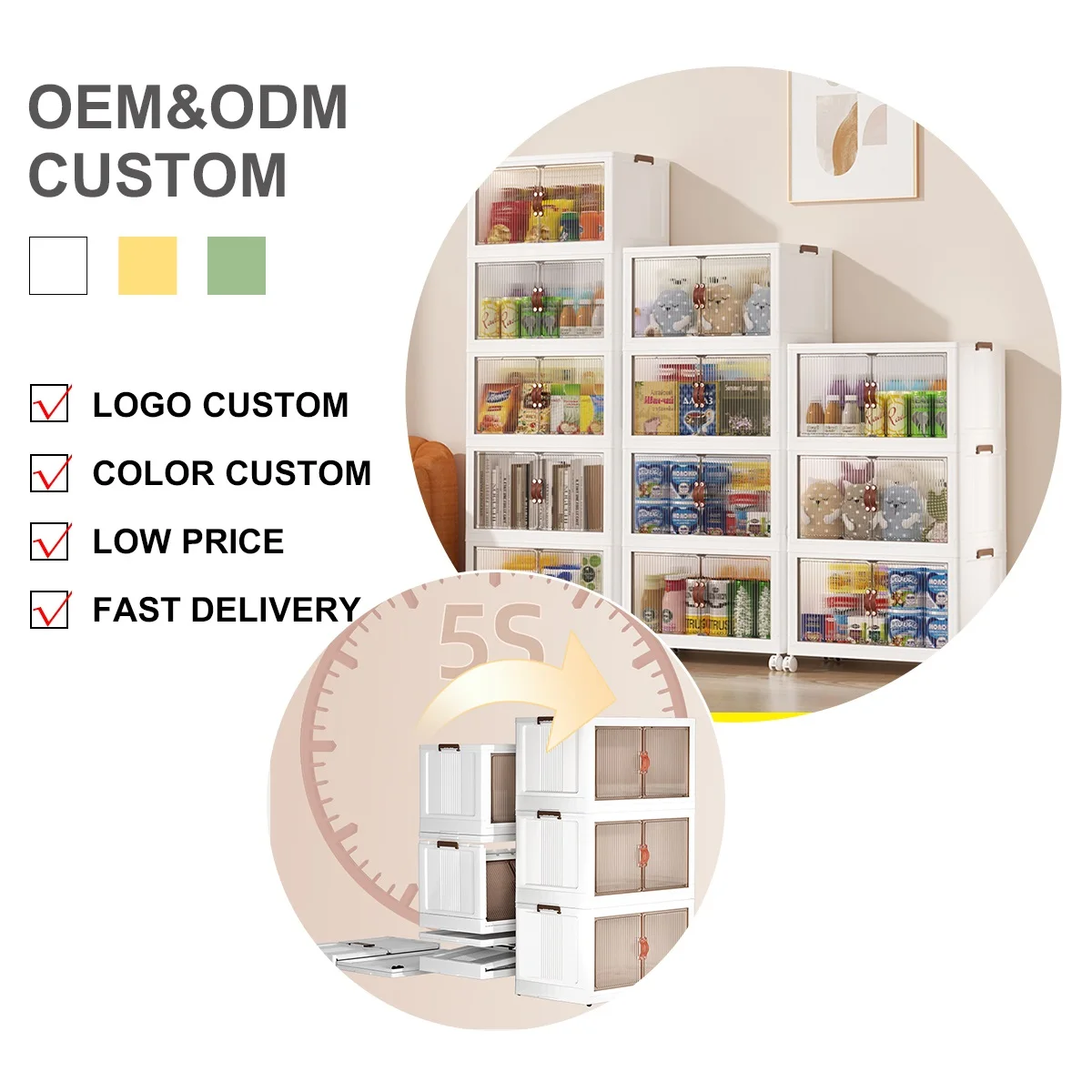 Stackable Storage Bins with Lids Plastic Storage Containers with Magnetic Doors Wheels Collapsible Bins Closet Organizers